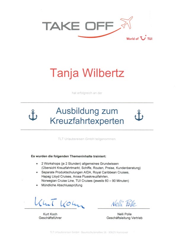 Kreuzfahrtexpertenausbildung Zertifikat